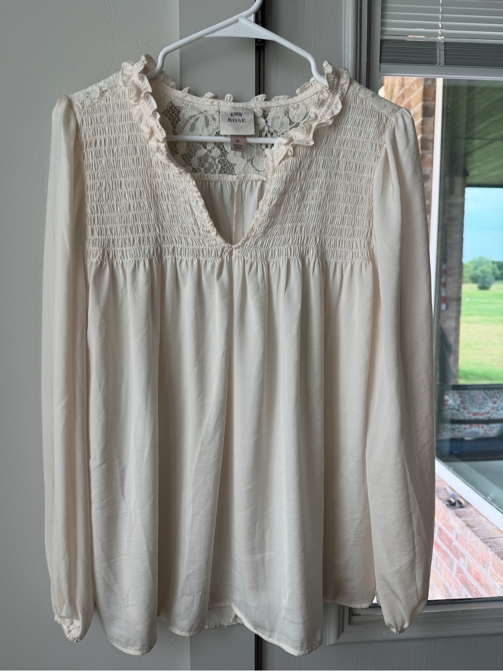 Knox Rose Cream Lace Smocked Long-Sleeve Blouse